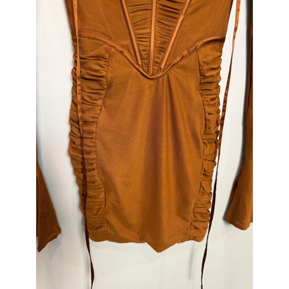 Oh Polly Corset Long Sleeve Mesh Mini Dress Baddie Hot Rouched Sheer Brown 2 - Picture 5 of 13